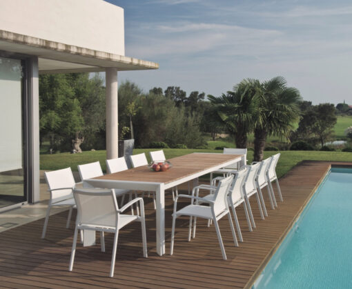 Alchemy Teak Dining Table Modern Glass Extendable all Weather Batyline Aluminum Contract Hospitality Outdoor Furniture