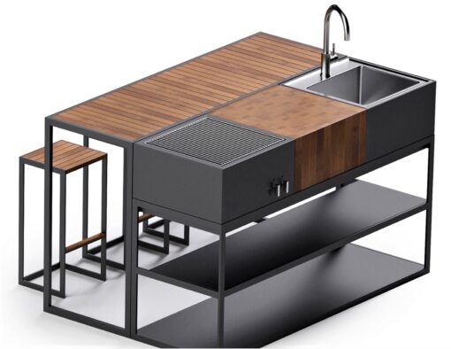luxury modular outdoor custom grill kitchen black bistro bar teak table modern architecture design